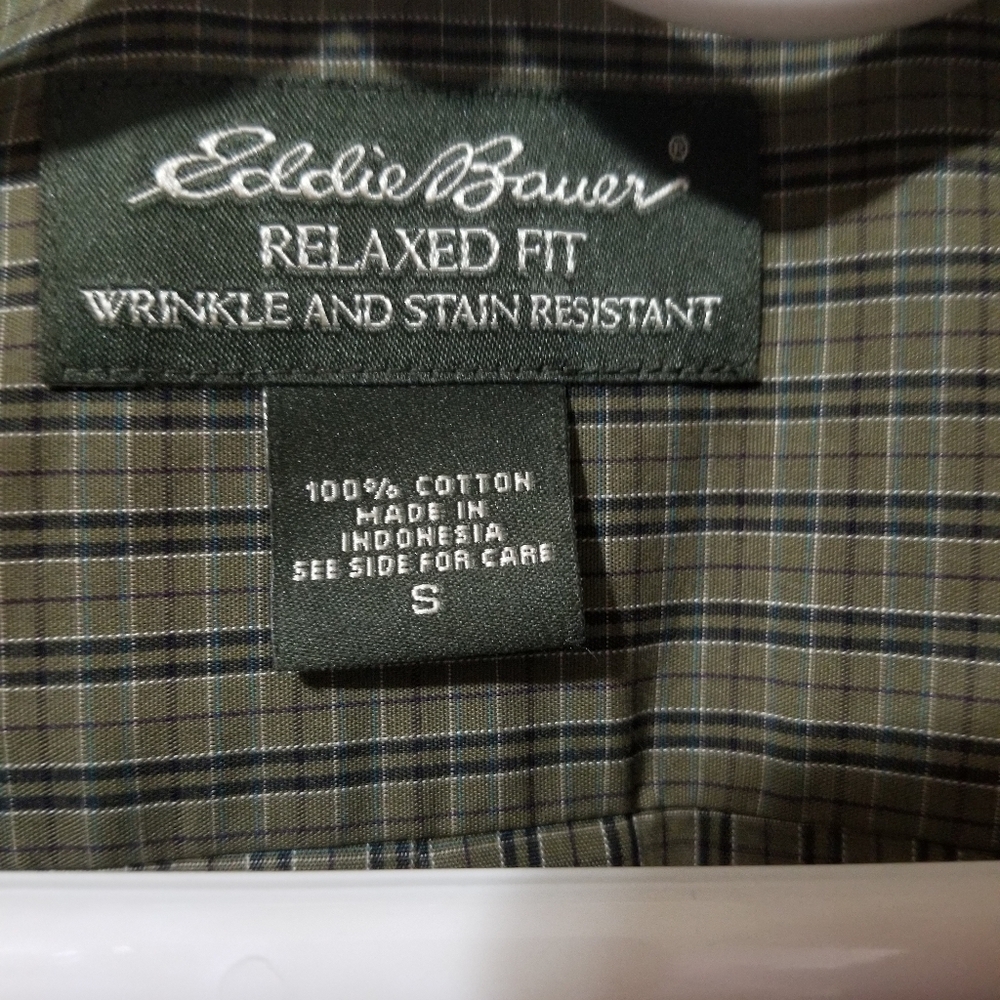 Eddie Bauer Mens Olive Black Grey Plaid Button Down Shirt Small